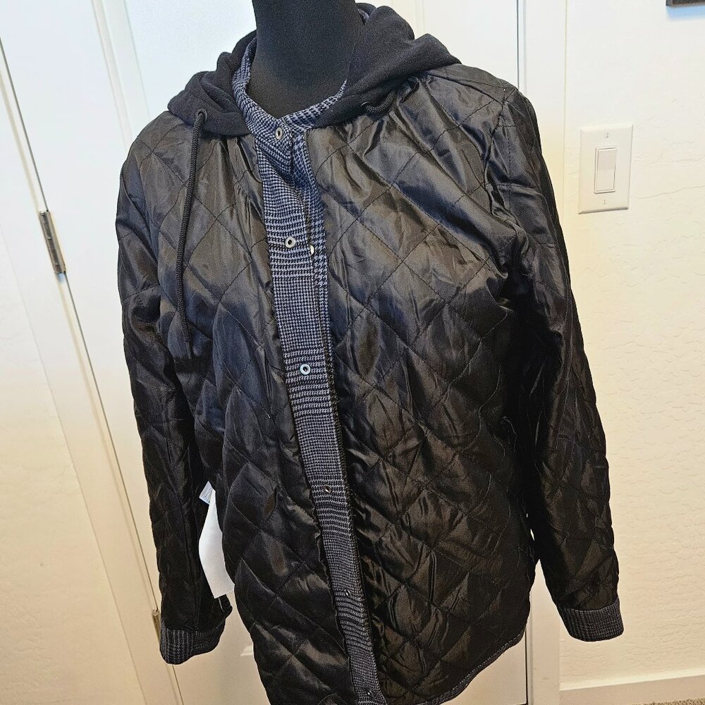 Volcom Hooded Flannel Shacket Plaid Shirt Jacket Size S Black Gray Insulated - Picture 15 of 16